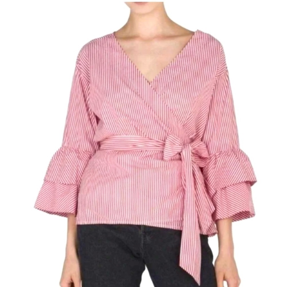 Beachlunchlounge Arianna red white stripes faux wrap ruffled quarter sleeves top